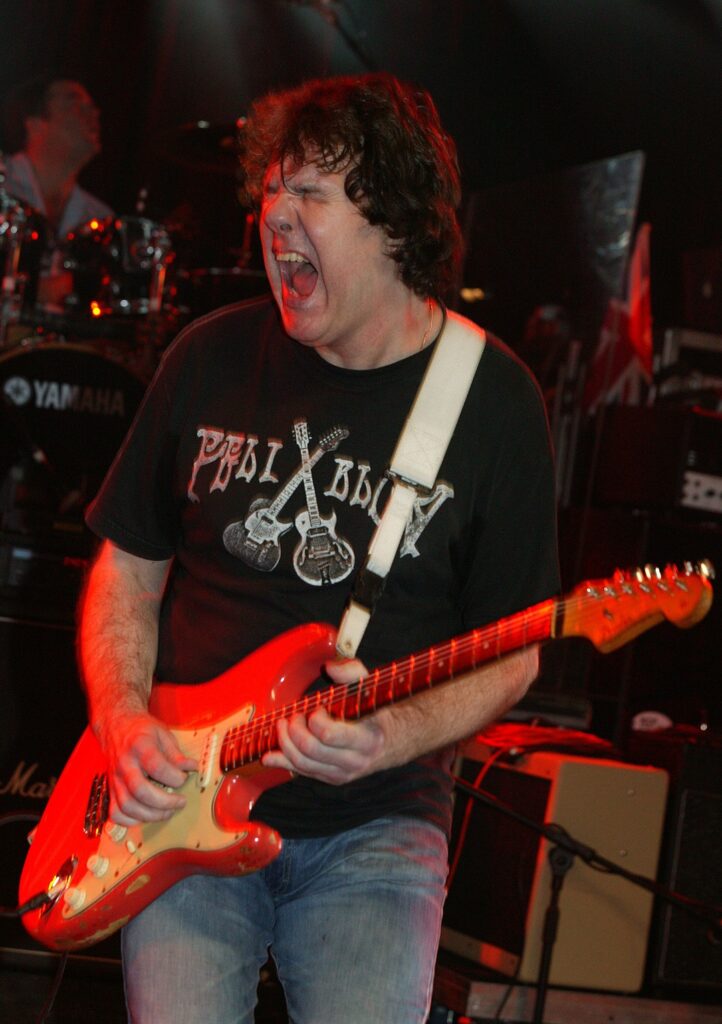 LONDON - SEPTEMBER 23:  Gary Moore rehearses ahead of tomorrow's Wembley Arena performace of "The Miller Strat Pack" concert on September 23, 2004 at Black Island Studios in London. The event pays homage to the Fender Stratocaster at tomorrow's charity concert for Nordoff-Robbins Music Therapy, and celebrates 50 years of the iconic guitar. 